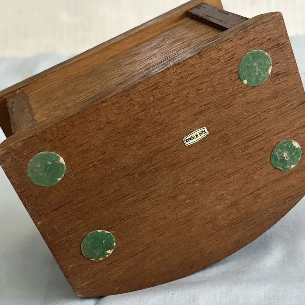 Vtg Wood & Cork Coaster Set of 8 Wood Caddy Carrier Brass Accents Boho Barware